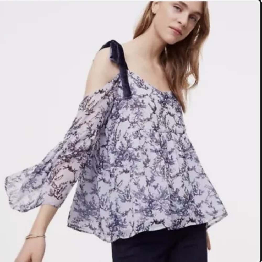 LOFT Floral Cold Shoulder Top - Purple and White